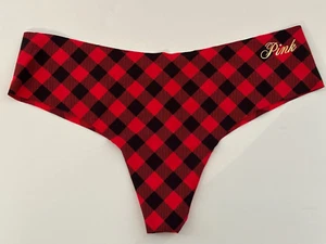 NWT Victoria's Secret Pink No Show Thong Panty Red Pepper Plaid Gold Script L - Picture 1 of 2