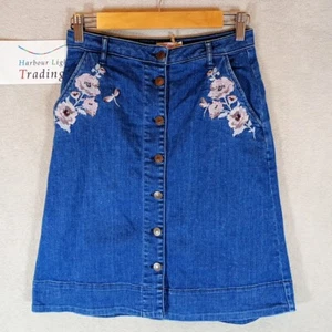 Cath Kidston London Skirt Womens Blue Denim UK 8 Embroidered Flowers Pink - Picture 1 of 14
