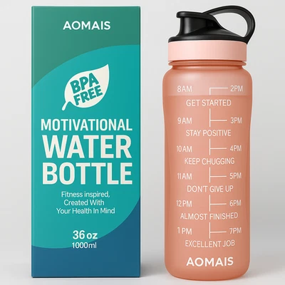 AOMAIS 36 OZ MOTIVATIONAL SPORTS WATER BOTTLE WITH TIME CAPACITY MARKER BPA FREE - Image 1 of 4