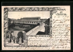 Künstler-AK München, Benediktinerstift St. Bonifaz - Totalansicht, Menschen an - Picture 1 of 2