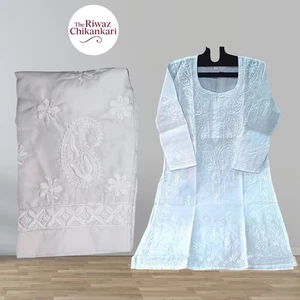 White Chikankari Cotton Short Kurti set for Women| White Embroidery Cotton Kurti - Picture 1 of 6