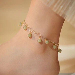 Chinoiserie Jade Anklet Green Foot Jewelry Beach - Picture 1 of 12