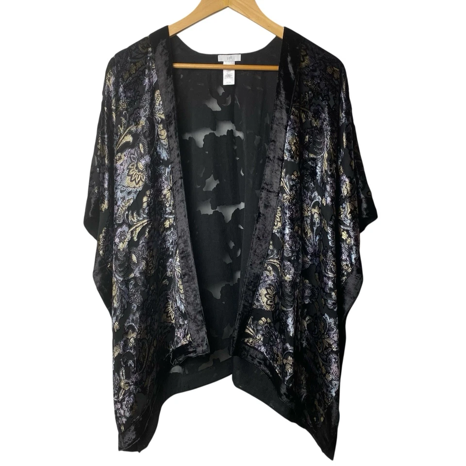 J Jill Terciopelo Burnout Semi Transparente Kimono Ruana Negro Púrpura Hada Oscura S-L Foto 1 de 4