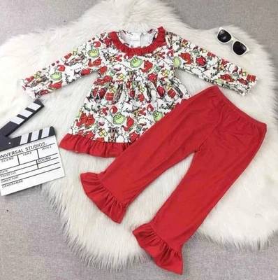 全新 Grinch Who Stole 圣诞女孩精品束腰荷叶边打底裤套装 — 第 1/3 张图片