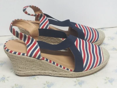 Sandalias alpargata Wanted Essex azul rojo a rayas cuña honda trasera para mujer talla 10 Foto 1 de 4