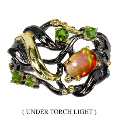 Anillo de plata de ley 925 ovalado ópalo de fuego cromo diopsido piedras preciosas joyería 8 Foto 1 de 4