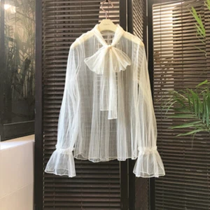 T-Shirt Tops Schleife durchsichtig transparent Bluse Freizeit Damen Netz transparent - Bild 1 von 6