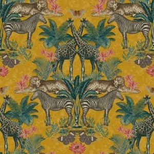 Grandeco Animal Kingdom Tropical Jungle Animal Print Palm Ochre Yellow Wallpaper - Picture 1 of 1