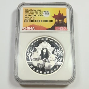 2018 NGC PF70 UCAM - CHINA - 50g Silver Panda Berlin Money Fair Medal #51595A - Picture 1 of 2