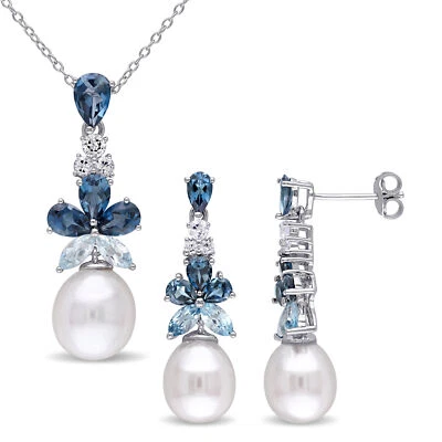 Juego de joyas de topacio azul y blanco con perlas cultivadas FW de plata de ley Amour Foto 1 de 4