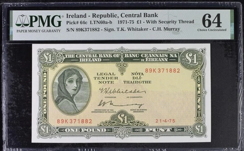 Ireland - Republic, Central Bank, 1971-75 - With Security Thread Graded PMG 64 Cover
