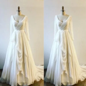 Chiffon Wedding Dresses Long Sleeves Ruched A Line Sweep Train Bridal Gowns - Picture 1 of 11
