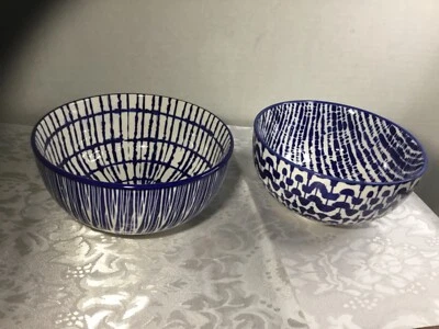 2 cuencos de vidrio exclusivos para artículos para el hogar azul cobalto blanco sopa ensalada cereal tie dye Foto 1 de 4