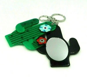 GREEN SAGUARO CACTUS W/ FLOWERS MIRROR KEYCHAIN    SILVER RING & LOBSTER CLASP - Picture 1 of 9