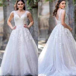 Elegant V-neck A-line Wedding Dresses Lace Applqiues Sleeveless Bridal Gowns- - Picture 1 of 8