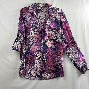 Express The Portofino Blouse Womens XL Pink Purple Sheer Shirt Button Up Floral