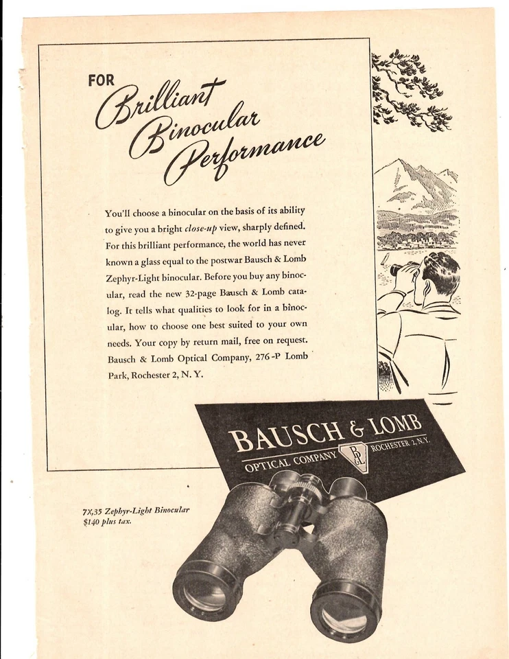 Binoculares Zephyr Light 1948 Print Ad Bausch & Lomb Optical Company 7x 35 $140 Foto 1 de 1