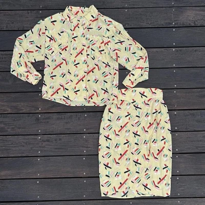 Vintage Skirt Set Karl Lagerfeld 100% Silk Yellow w Colorful Paint Graphics - Image 1 of 4