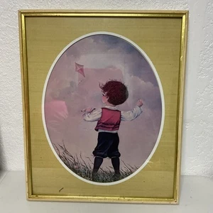 Vtg Turner Wall Accessory Print G. Ranck BOY FLYING KITE Art Big-Eyed Kid Era - Picture 1 of 12