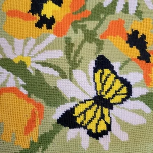 VTG Green Orange Needlepoint Butterfly Daisy Floral Unfinished Pillow Cover - Picture 1 of 6