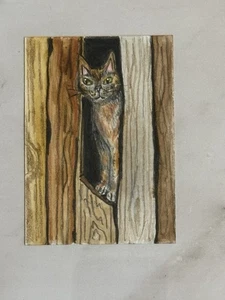 Aceo Original Art Trading Card, Feral Cat in barn Art By Sommer Rayn - Picture 1 of 3