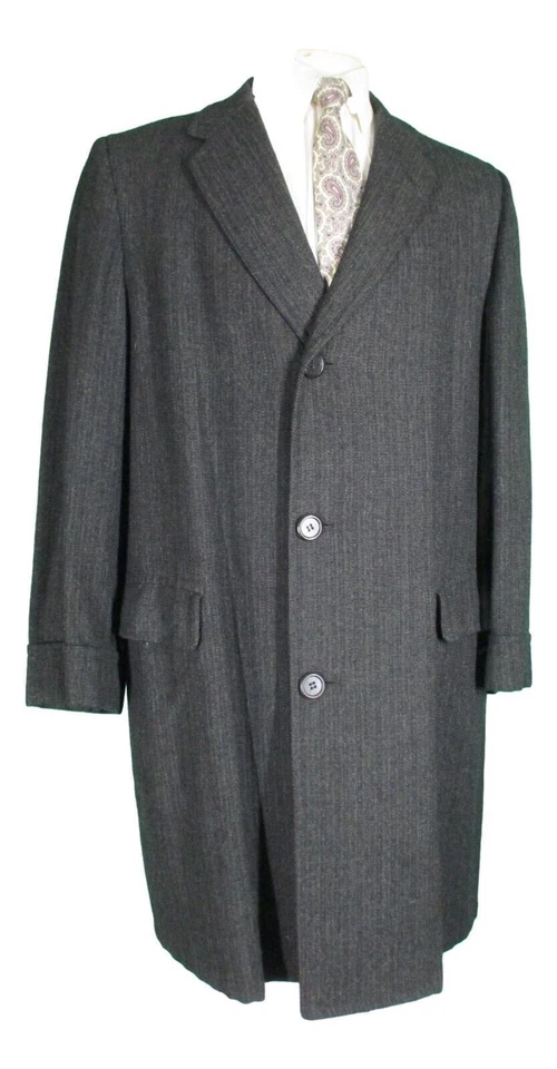 Hickey Freeman Vtg 50s Mens Charcoal English Woven Wool Overcoat 44R USA - Image 1 of 4