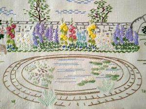 Exquisite 'Fairistytch' Walled Garden/Lily Pond  Hand Embroidered  Picture Panel - Picture 1 of 12
