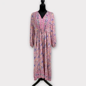 R Vivimos Tiered Floral Maxi Dress Size L Pink Drawstring Waist Romantic Cottage - Picture 1 of 10