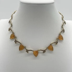 Vintage Stil Blattgold Halskette - geschnitztes Bernstein Glas & Strass Detail - Bild 1 von 6