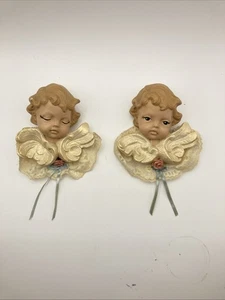 Vintage Angel Cherub Heads Pair HandPainted Stamped Signed Ceramic Hanging 6” - Picture 1 of 20