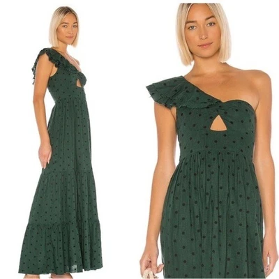 Maxi Vestido Tularosa Winnie Lunares Un Hombro Tejido en Niveles Verde Mediano Foto 1 de 4