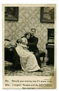 Fotos reales de Bamforth & Co RPPC circa 1900 "Te casarías conmigo si fuera rico" - Imagen 1 de 3
