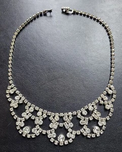 1950s Vintage Rhinestone Bib Necklace – Silver Tone Art Deco Style - Picture 1 of 3