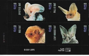 US Night Friends American Bats 37c Stamp Plate Block of 4 Scott #3661 - 3664 - Picture 1 of 1