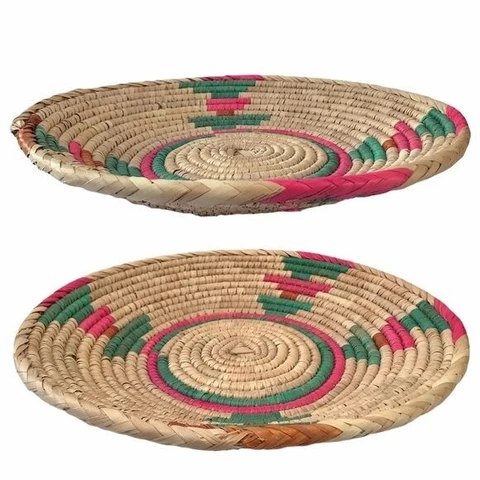 Colorful Bohemian Woven Straw Semi-Flat Basket 14” Diameter Cover