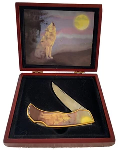 Vtg NEW Gray White Wolf Pocket Knife Wooden Box Stainless Steel Numbered Blade - Picture 1 of 11
