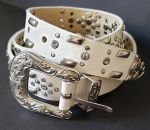 VTG Guess Leather Belt Woman's L 36-40" Western Silver Rhinestones Studs 939097C - Picture 1 of 11