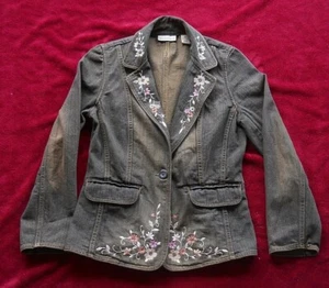 Womens 8P Apostrophe Floral Embroidered Gray Brown Denim Jacket Blazer Bust 35" - Picture 1 of 11