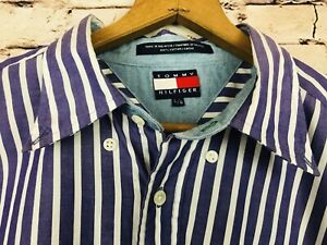 Mens Purple & White Striped Button Front Tommy Hilfiger Dress Shirt Large