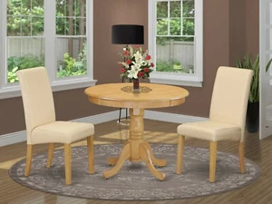3pc dinette kitchen dining set 36" round table w/ 2 parsons chairs in light oak - Picture 1 of 12
