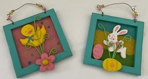 Easter Decor Wooden and Metal Hanging Plaques Bunny +eggs or Chick +flower w/tag - Picture 1 of 5