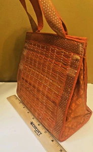 Orange & Gold Straw & Fabric Bohemian Small Tote Bag Lined Pockets 8"W x 8 "H - Picture 1 of 4