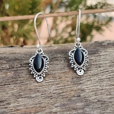 925 Argento Sterling Orecchini Pendenti Onice Nera Marquise Forma Gemma da Donna - Immagine 1 di 4