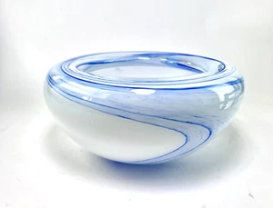 Vintage Art Glass Blue Swirl Glass Bowl in White Glass with Blue Detail - Picture 1 of 9