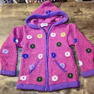Norskwear Kids Full Zip Sweat Wool Blend Broght Flowers Pointed Hood Size 5/6 - Picture 1 of 6