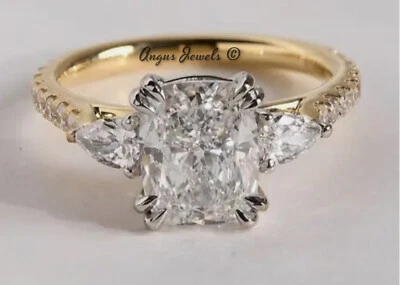 ✨ 2.34CT Cushion Moissanite Ring 💍 14K Yellow Gold 💎 Three Stone Engagement - Image 1 of 4