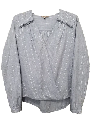 Blusa Lilla P Gris Metálico Brillante Sobrepelliz Dobladillo Alto-Bajo Flecos Talla Pequeña Foto 1 de 4