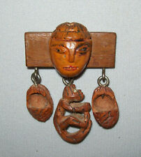 Antique Vtg 1930s Hand Carved Folk Art Peach Pit Brooch Human Face Monkey Basket