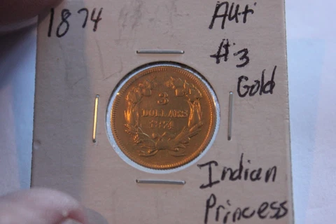 1874   ONLY 41,800  MINTED    AU+   INDIAN PRINCESS   $3 GOLD  COIN Cover