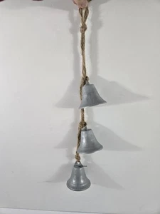 Vintage Christmas Bells Hanging Door 3 Gray Metal 15" Farmhouse Rope - Picture 1 of 7